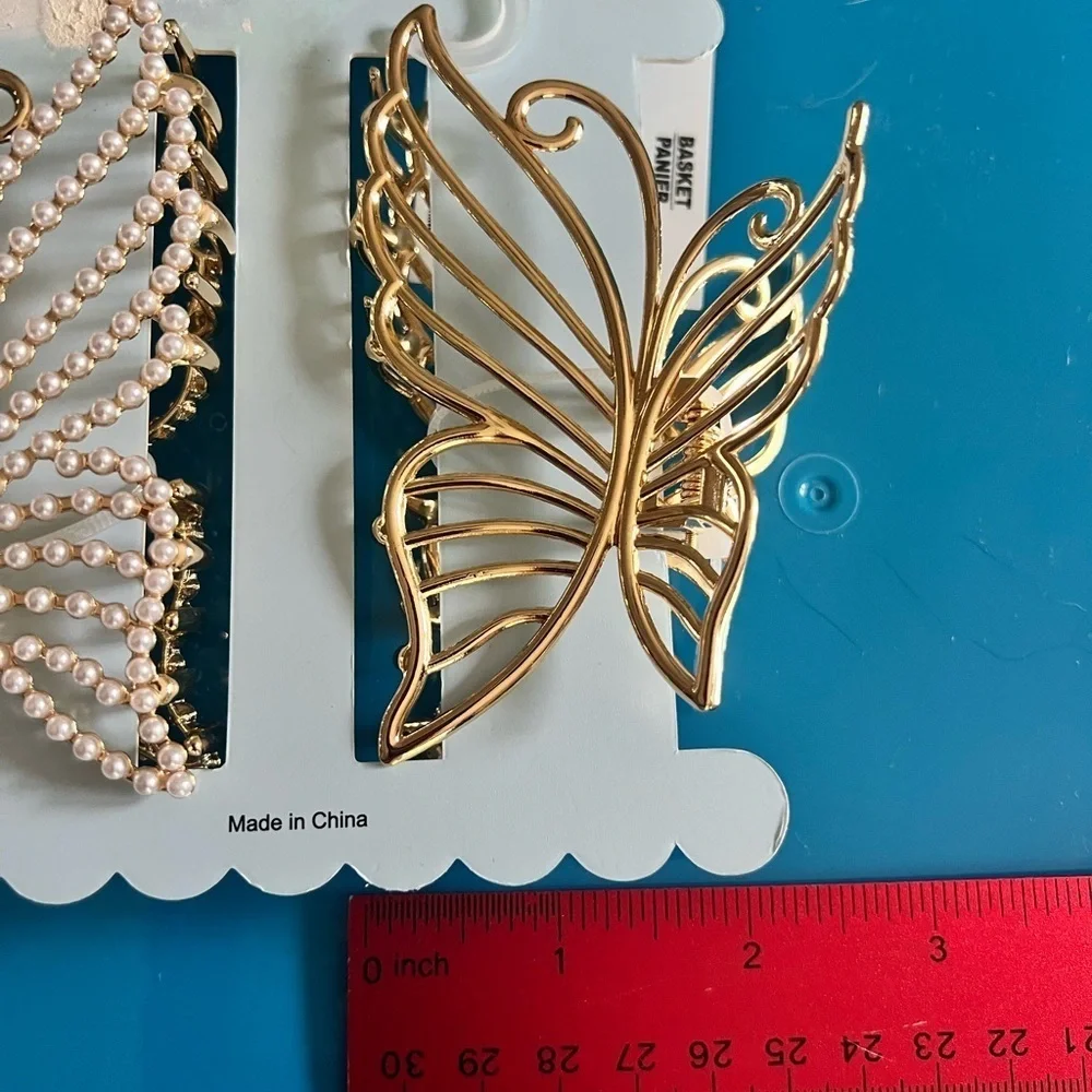 NEW  Sunday State gold and faux pearl butterfly hair clips claws Large 2 pack